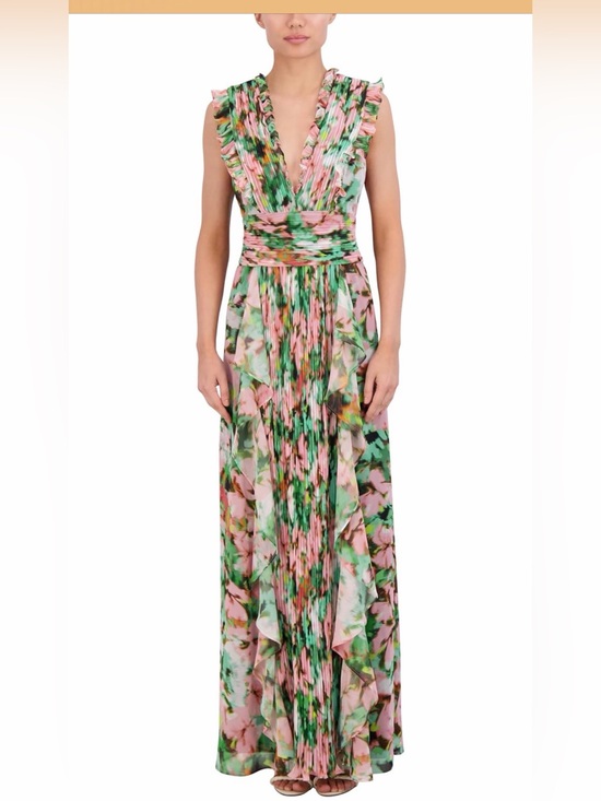 BCBGMaxAzria Dresses & Skirts - NWT BCBGMaxAzria Pink and Green Floral Ruffle V-Neck Maxi Dress size 8